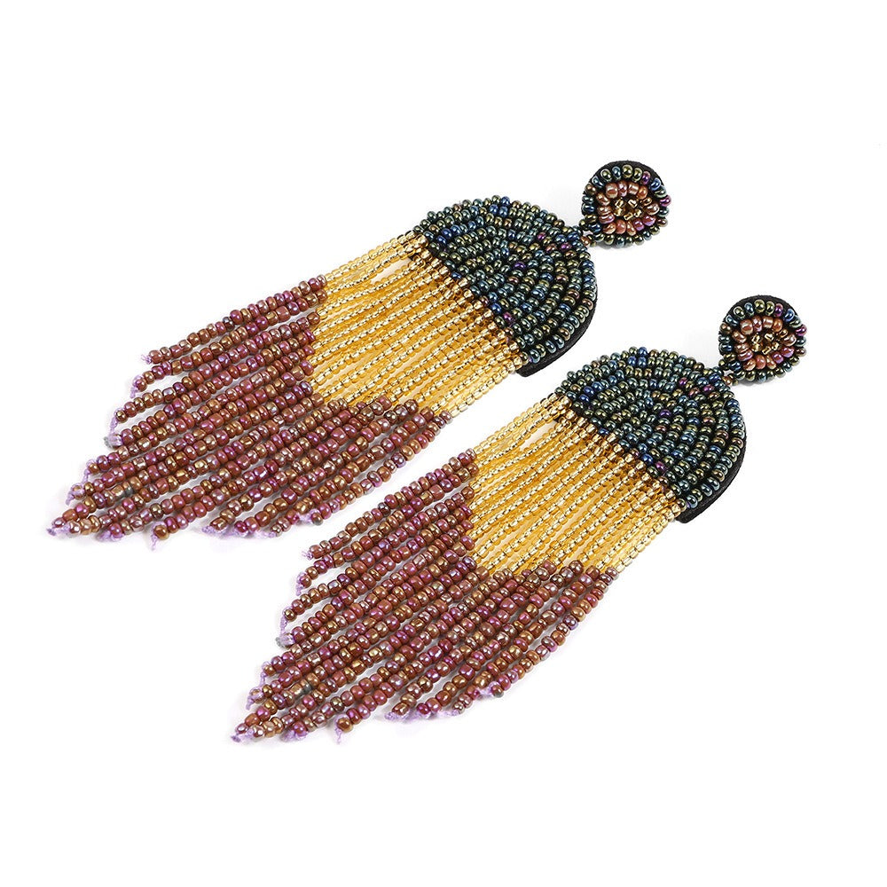 Rice Beads Tassels Earrings Bohemian Retro National Style Exaggerated Personality Creative Handmade Earrings - LiveLaughlove