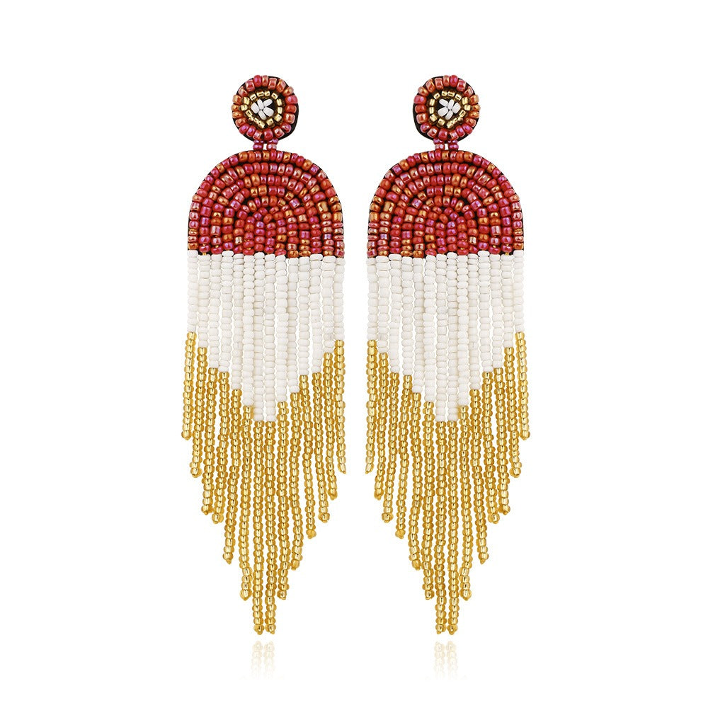 Rice Beads Tassels Earrings Bohemian Retro National Style Exaggerated Personality Creative Handmade Earrings - LiveLaughlove