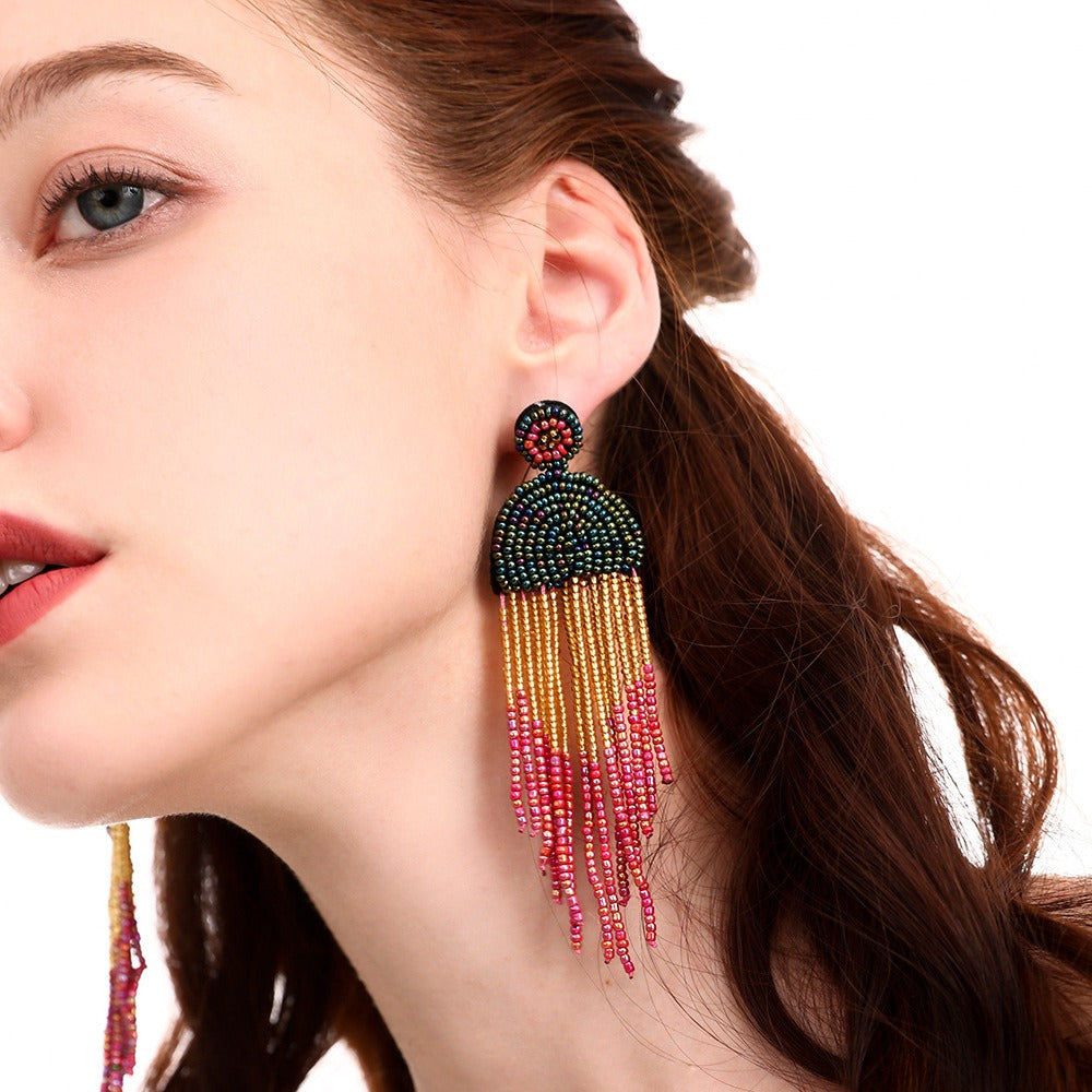 Rice Beads Tassels Earrings Bohemian Retro National Style Exaggerated Personality Creative Handmade Earrings - LiveLaughlove