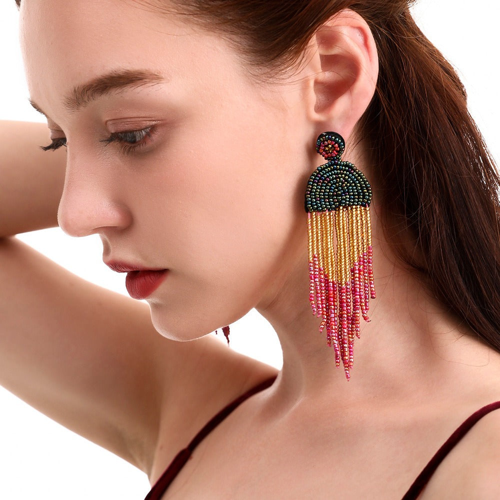 Rice Beads Tassels Earrings Bohemian Retro National Style Exaggerated Personality Creative Handmade Earrings - LiveLaughlove