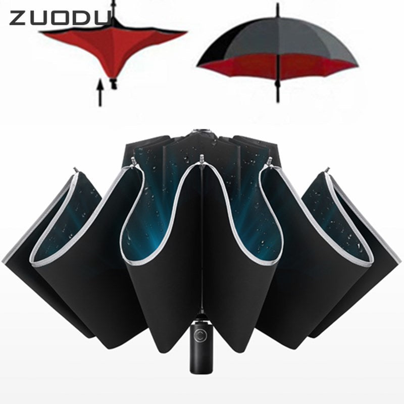 ZUODU Automatic Umbrella Men LED Windproof Reverse Folding Business Umbrella Rain Men Car Automatic Reverse Umbrellas Strong U5B - LiveLaughlove